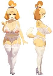 animal_crossing animal_ears animal_nose bell body_fur bra breasts cleft_of_venus clenched_hand commentary cupless_bra dog_ears dog_girl dog_tail english_commentary female frilled_thighhighs frills full_body furry furry_female garter_straps hair_bell hair_ornament hand_up high_heels highres isabelle_(animal_crossing) jingle_bell lace-trimmed_bra lace_trim large_breasts lingerie looking_at_viewer nipples profile pussy simple_background smewed standing tail thighhighs thighs topknot two-tone_fur underwear white_background white_bra white_thighhighs yellow_fur