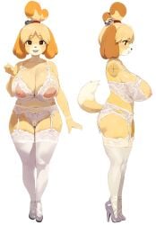 animal_crossing animal_ears animal_nose bell body_fur bra breasts cleft_of_venus clenched_hand commentary cupless_bra dog_ears dog_girl dog_tail english_commentary female frilled_thighhighs frills full_body furry furry_female garter_straps hair_bell hair_ornament hand_up high_heels highres isabelle_(animal_crossing) jingle_bell lace-trimmed_bra lace_trim large_breasts lingerie looking_at_viewer nipples profile pussy simple_background smewed standing tail thighhighs thighs topknot two-tone_fur underwear very_high_heels white_background white_bra white_thighhighs yellow_fur