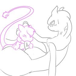 battle_fennec_(artist) blush emmy_the_mewlava fellatio female hybrid line_art male mew mewlava mewtwo nintendo oral pokemon pokemon_(species) quilava sex size_difference straight_hair video_games