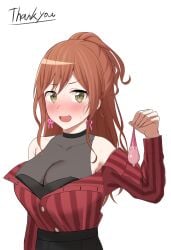 :d absurdres ariatorai bang_dream! black_skirt blush breasts brown_hair cleavage clothes_pull collarbone condom cum earrings english_text female green_eyes half_updo highres holding holding_condom imai_lisa jewelry large_breasts long_hair long_sleeves looking_at_viewer open_mouth rabbit_earrings red_shirt shirt shirt_pull sidelocks simple_background skirt smile solo striped_clothes striped_shirt thank_you tongue used_condom vertical-striped_clothes vertical-striped_shirt white_background