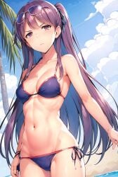 1girls ai_generated beach_background classroom_of_the_elite female hair_pin kamuro_masumi long_hair purple_bikini purple_eyes purple_hair sunglasses_on_head wsax