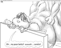 2010 anthro ass bed belly big_belly big_butt canine closed_eyes comic duo english_text equine faf female fox horse interspecies male mammal monochrome nude overweight sex speech_bubble straight text