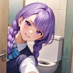 ai_generated braids macorony purple_eyes purple_hair restroom_stall school_uniform schoolgirl