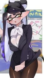 1girls alternate_breast_size black_hair blush breasts callie_(office_lady) callie_(splatoon) cleavage clothed clothed_female female hizake inkling kashu_(hizake) large_breasts long_hair nintendo office_lady pantyhose pointy_ears skirt splatoon splatoon_(series) splatoon_3 tentacle_hair thick_thighs yellow_eyes