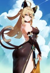 ai_generated ass bike_shorts black_dress brown_hair cat_ears catgirl detached_sleeves dress genshin_impact green_eyes kirara_(genshin_impact) medium_breasts novelai oerba_yun_fang ratatatat74_(ai_style) shorts sky tail thiccwithaq_(ai_style) thighs tight_clothes tight_dress