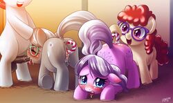 1boy 3girls anus auto_(artist) balls blush candy_cane candy_cane_insertion diamond_tiara_(mlp) evil_grin fellatio female feral friendship_is_magic male my_little_pony open_mouth oral oral_sex penetration penis pussy silver_spoon_(mlp) twist_(mlp) vaginal_penetration