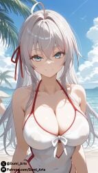 ai_generated alisa_mikhailovna_kujou beach blue_eyes cleavage covered_nipples gumi_arts large_breasts looking_at_viewer outdoors silver_hair smile stable_diffusion swimsuit tokidoki_bosotto_russian_de_dereru_tonari_no_alya-san