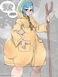 1girls bikini blue_eyes blue_hair christian_cross christianity church grey_background huge_ass hyper_ass luce_(vatican) noirgutpunch nude raincoat raining small_breasts smile solo staff thick_ass walking_stick wet yelftea yellow_raincoat