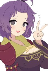 1girls alternate_costume alternate_hairstyle bernadetta_von_varley blush breasts cleavage dress female female_only fire_emblem fire_emblem:_three_houses fire_emblem_warriors:_three_hopes grey_eyes highres kocha_(jgug7553) long_sleeves looking_at_viewer medium_breasts nintendo official_alternate_costume official_alternate_hairstyle open_mouth purple_dress purple_hair short_dress short_hair simple_background smile solo sweat upper_body v wavy_hair white_background