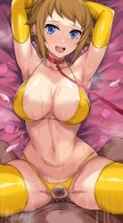 1boy :d areola_slip armpits bed_sheet bikini blue_eyes breasts brown_hair commentary_request condom condom_wrapper covered_nipples crotchless crotchless_panties elbow_gloves female female_pubic_hair gloves gundam gundam_build_fighters gundam_build_fighters_try heart highres hoshino_fumina large_breasts looking_at_viewer lying male missionary navel nirowata on_back penis pov pubic_hair sex short_hair smile swimsuit thighhighs used_condom yellow_bikini yellow_gloves yellow_thighhighs