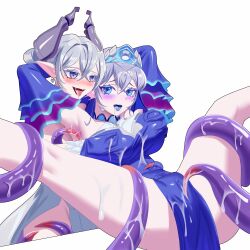 2girls armpit blue_eyes blue_tongue blush breast_grab demon_girl demon_horns duel_monster earrings female grabbing_from_behind groping_under_clothes jewelry lactating lovely_labrynth_of_the_silver_castle monster_girl mostly_clothed pussy_teasing rare_lemon silver_eyes silver_hair slime tearlaments_kitkallos tentacle tiara yu-gi-oh! yuri