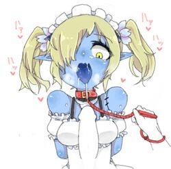 1girls bare_shoulders blonde_hair blue_skin bondage breasts collar disgaea disgaea_5 female hair_over_one_eye leash maid_(disgaea) maid_uniform negationtenmaru nippon_ichi_software open_mouth penis pointy_ears saliva slave tied_hair twintails yellow_eyes zombie