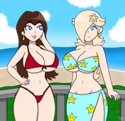 2girls beach big_breasts big_thighs bikini blue_eyes breasts brown_hair cleavage curvy day dreamvariety duo earrings eyeshadow female female_only flower_in_hair hair_over_one_eye hi_res light-skinned_female light_skin lips lipstick long_hair looking_at_each_other mario_(series) mario_kart_tour navel nintendo pauline platinum_blonde_hair princess_rosalina purple_eyeshadow red_lipstick smile star_earrings swimsuit teeth thick thick_hips thick_thighs thighs wide_hips