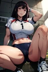 ai_generated anime anime_style belly_button big_breasts black_hair bloomers blurred_background breasts buruma close-up covered_pussy female female_focus female_only fringe_hair from_below hand_behind_head hd hd_(traditional) hourglass_figure huge_breasts jabami_yumeko kakegurui kneehighs knees_up large_breasts light-skinned_female light_body light_skin lighting lips lipstick long_hair looking_at_another midriff navel nsfw pose posing posing_for_picture posing_for_the_viewer pov red_eyes seducing seduction seductive seductive_body seductive_look seductive_pose shiny shiny_clothes shiny_hair shiny_skin shoes shorts simple_background sitting sky4maleja smile smiley_face spread_legs straight_hair thick_thighs tight_clothes tight_clothing tight_shirt toned_belly toned_stomach volleyball volleyball_shorts volleyball_uniform