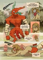 anthro balls big_balls big_penis blin_(tloz) blonde_hair bodily_fluids bokoblin breath_of_the_wild comic dialogue english_text gay genitals group hair hi_res huge_balls huge_cock humanoid_pointy_ears hylian imminent_rape link link_(breath_of_the_wild) male male/male male_only moblin nintendo nude open_mouth open_smile penis ripushko smile sweat text the_legend_of_zelda tongue tongue_out