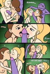 blonde_hair blowjob brown_hair comic english_text lesbian_kiss lord_sarloc lucy lucykitten lucykitten01 mushroom page_10 page_number sarloc threesome