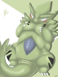 2015 3_toes abstract_background achi black_eyes blush breasts claws female feral looking_down lying mammal nintendo nude pokemon pokemon_(species) pussy sweat toe_claws toes tyranitar video_games