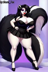 1girls black_dress black_hair heels high huge_ass huge_breasts looking_at_viewer makeup skunk thick_thighs