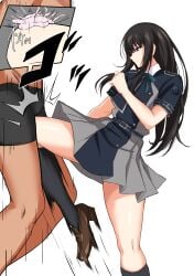 1boy absurdres ball_kick ballbusting black_dress black_hair black_shorts brown_footwear castration crotch_kick dress female grey_dress highres inoue_takina kneehighs kneeing long_hair lycoris_recoil pleated_dress shoes short_dress short_sleeves shorts sidelocks socks standing standing_on_one_leg testicular_assault thighs two-tone_dress very_long_hair watarase_piro