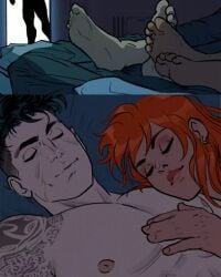 1boy 1girls after_sex artemis_(dc) artemis_of_bana-mighdall barefoot batman_(series) dc dc_comics female ginger in_bed jason_todd male male/female night nighttime red_hood_(dc) red_hood_and_the_outlaws shirtless shirtless_male sleeping straight toes webtoon