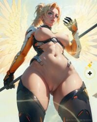 1girls ai_generated angel_wings big_breasts blonde_hair blue_eyes bodysuit energy from_below gloves holy mercy navel nipples nude overwatch overwatch_2 patreon_username ponytail skizzen staff thighhighs thighs wide_hips wings