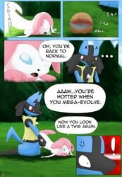 arti4000 canine comic cum dialogue duo eeveelution female feral lucario male mammal nintendo pokemon pokemon_(species) sex straight sylveon vaginal_penetration video_games