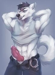 1boy 2015 abs angelbites anthro balls belt blue_eyes clothing cuffs fur knot looking_at_viewer male male_only muscles pants pecs penis precum shirt smirk solo white_fur white_wolf