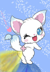 1girls anthro ass bent_over blue_eyes eyelashes fart fart_fetish feline female female_only fur furry heart japanese_text jewelpet jewelpet_(species) kemono larimar_(jewelpet) mammal one_eye_closed open_mouth simple_background skunk solo text white_fur wink