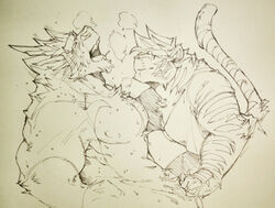 anthro chesttuff closed_eyes dragon feline fluffy fur furry jeff jovan kokuhane male mammal nipples nude open_mouth smile sweat tail tiger vneck yaoi