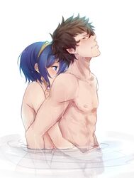 abs black_hair blue_eyes blue_hair blush couple female femdom fire_emblem fire_emblem_awakening hairband handjob height_difference human lon'qu_(fire_emblem) looking_pleasured lucina_(fire_emblem) male nude partially_submerged penis reach_around short_hair spiked_hair standing straight tusia voice_actor_connection wading wet