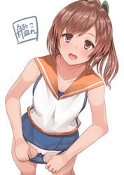 bow brown_hair female hairbow long_hair looking_at_viewer miyamoto_issa open_mouth ponytail pussy school_uniform signature simple_background smile solo thighs tied_hair white_background