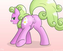 anus bedroom_eyes bluemeganium cutie_mark daisy_(mlp) equine female friendship_is_magic fur green_hair hair half-closed_eyes hooves horse long_hair looking_at_viewer looking_back mammal my_little_pony pink_fur pony presenting pussy raised_tail rear_view smile solo teal_eyes