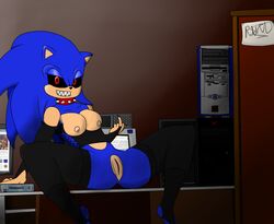 2015 anthro big_breasts black_sclera blue_fur blue_hair breasts cleavage clothing come_hither creepypasta erect_nipples female fingerless_gloves gloves hair hedgehog looking_at_viewer mammal middle_finger nipples nude pussy red_eyes rometod rule_63 sharp_teeth smile solo sonic.exe sonic.exe_(character) sonic.exe_(creepypasta) sonic_(series) sonic_the_hedgehog sonica.exe spiked_collar spread_legs thick_thighs thighhighs traced