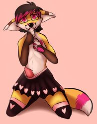 2015 anthro black_nose canine clothed clothing erection eyewear faxy fox fur furry furry_only girly glasses hair legwear looking_at_viewer male male_only mammal markings murcat orange_fur penis plain_background shy skirt smile solo stockings tail tongue white_fur