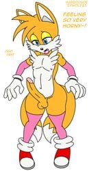 1boy 2015 androgynous anthro balls canine clothed clothing crossdressing english_text erection exwolf85 femboy fox fox_boy fox_ears fox_tail fur furry_tail girly habbodude male mammal miles_prower multiple_tails penis sega skimpy solo sonic_(series) tail tails testicles text trap