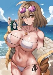 1girls anis_(nikke) big_breasts bikini bikini_bottom bikini_top bottomwear breasts brown_hair cleavage eyepatch_bikini female female_only goddess_of_victory:_nikke hair holding_object huge_breasts jacket nail_polish nails necklace neckwear open_jacket purplecat_(artist) solo solo_female sunglasses sunglasses_on_head swimwear topwear white_bikini white_nail_polish white_nails yellow_eyes