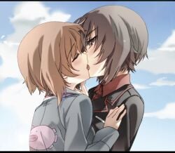 2girls brown_eyes brown_hair closed_eyes female female_only fully_clothed girls_und_panzer incest kissing medium_hair multiple_girls nishizumi_maho nishizumi_miho open_mouth sisters yuri