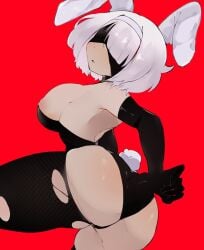 1girls 2d 2d_(artwork) animal_ears areolae ass big_ass big_breasts breasts bunny_ears bunny_tail bunnysuit digital_drawing_(artwork) digital_media_(artwork) fake_animal_ears fake_tail female female_only hoshoidk large_breasts nier:_automata nier_(series) nipples open_mouth rabbit_ears rabbit_tail red_background short_hair simple_background solo tagme tail thick_thighs thighs white_hair yorha_2b