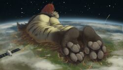 4_toes anthro ass brown_body cloud crush earth extreme_size_difference feet female foot_focus genitals hair hi_res hindpaw hyena long_hair macro mammal ozdra pawpads paws planet pussy rear_view red_hair satellite size_difference solo space star striped_body stripes tan_body terra_macro toes