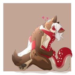 2015 anthro breasts brown_fur canine closed_eyes duo female fur furry furry_only hair heart hindpaw hyena male mammal nude open_mouth paws pink_fur pink_nose plain_background red_fur saetia sex straight white_fur white_hair