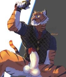 anthro balls big_penis bottomless bottomless_anthro bottomless_male clothed clothing digital_media_(artwork) epic_games erection felid fortnite fur genitals gun handgun hi_res holding_gun holding_object holding_ranged_weapon holding_weapon humanoid_genitalia humanoid_penis male mammal necktie orange_body oscar_(fortnite) pantherine penis ranged_weapon shirt simple_background solo spread_legs spreading stripes swcoyle tail teeth tiger topwear urethra vein veiny_penis weapon