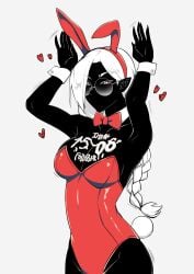 absurdres animal_ears ass avil_the_shapeshifter black_skin breasts colored_sclera colored_skin cum cum_on_body cum_on_breasts glasses highres long_hair looking_at_viewer original playboy_bunny pointy_ears ponytail rabbit_ears rabbit_tail red_sclera tail white_hair wrist_cuffs xcrof