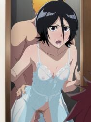 1girls 2boys black_hair bleach blonde_hair breasts censored cheating clothed_female_nude_male female female_pubic_hair highres kuchiki_rukia male multiple_boys nipples nude open_mouth pubic_hair red_hair salmon_knight see-through_clothes sex sex_from_behind vaginal_penetration