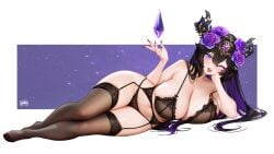 absurdres artist_name bare_shoulders black_bra black_hair black_nails black_panties blush bra breasts cleavage collarbone colored_inner_hair commentary crystal demon_girl demon_horns double-parted_bangs elbow_rest english_commentary feet female fingernails flower full_body galaxy galaxy_background garter_straps gem gold hair_between_eyes hair_flower hair_ornament hair_spread_out hand_on_own_cheek hand_on_own_face hand_up headpiece highres horns huge_breasts indie_virtual_youtuber lace lace-trimmed_bra lace-trimmed_panties lace_trim legs lingerie long_fingernails lying multicolored_hair nail_polish navel object_floating_above_hand on_ground on_side one_eye_closed open_mouth panties purple_eyes purple_flower purple_gemstone purple_hair purple_rose regiana_(jubi) rose second-party_source sky smile space star_(sky) starry_sky stomach swept_bangs thighs toes underwear unjaded_(vtuber) virtual_youtuber white_background