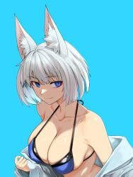 1girls absurdres akizuki_(17769498) animal_ear_fluff animal_ears azur_lane bikini blue_eyes breasts cleavage clothes_down collarbone eyeliner female fox_ears halterneck highres kaga_(azur_lane) large_breasts light-skinned_female light_skin looking_to_the_side makeup open_clothes open_shirt sakura_empire_(azur_lane) shirt short_hair sideways_glance simple_background slit_pupils smile solo swimsuit upper_body white_hair white_shirt