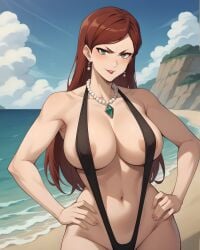 ai_generated areolae athletic_female beach collarbone earrings gigantic_breasts green_eyes hilda_boreas_greyrat huge_breasts light-skinned_female light_skin long_hair looking_at_viewer massive_breasts mature_female milf mushoku_tensei pawg red_hair sling_bikini slingshot_swimsuit smiling solo_female subaruarm swimsuit thick_body thick_female thick_thighs thighs