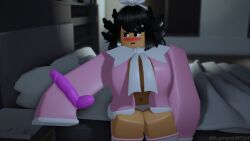 1girls 3d big_breasts black_hair dildo female on_bed open_mouth pink_clothes pink_dildo roblox robloxian rusmynth sitting sitting_on_bed source_request tagme