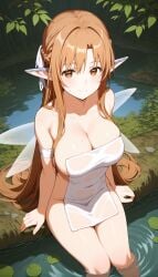 ai_generated cleavage ear_covers elf forest gumi_arts in_water large_breasts light_brown_eyes light_brown_hair long_hair looking_at_viewer looking_up naked_towel pointy_ears sitting stable_diffusion sword_art_online thick_thighs towel water wet yuuki_asuna