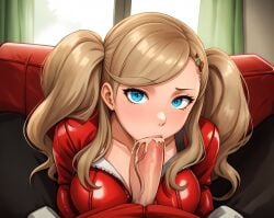 1girls ai_generated ann_takamaki blonde_hair fellatio female leukocrisp penis persona pov stable_diffusion