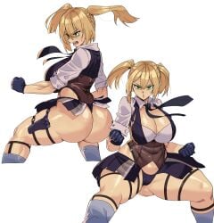 ass blonde_female blonde_hair cleavage female fingerless_gloves gamjasssak girls'_frontline gloves green_eyes ponytail ponytails thick_ass thick_thighs thighs tie welrod_mkii_(girls'_frontline)